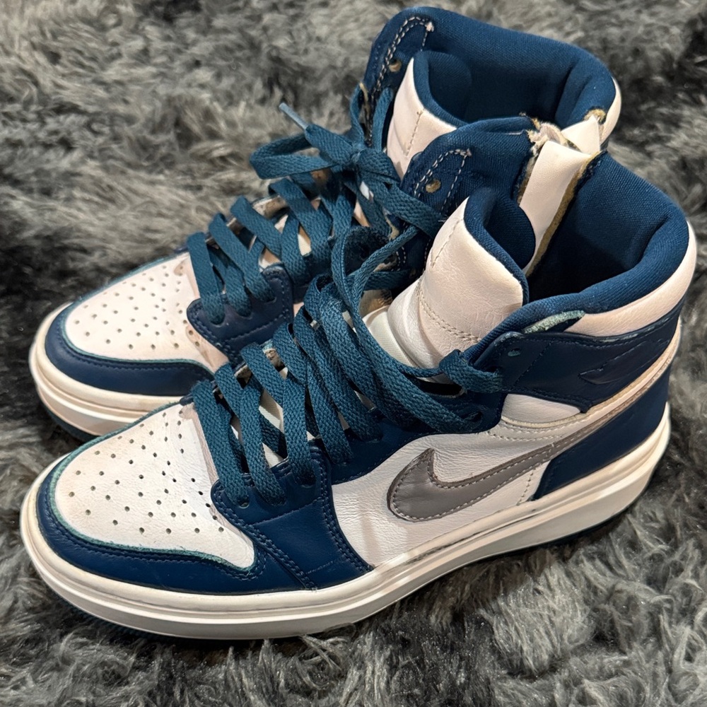 Kids Blue and White High-Top Sneakers with Silver Swoosh